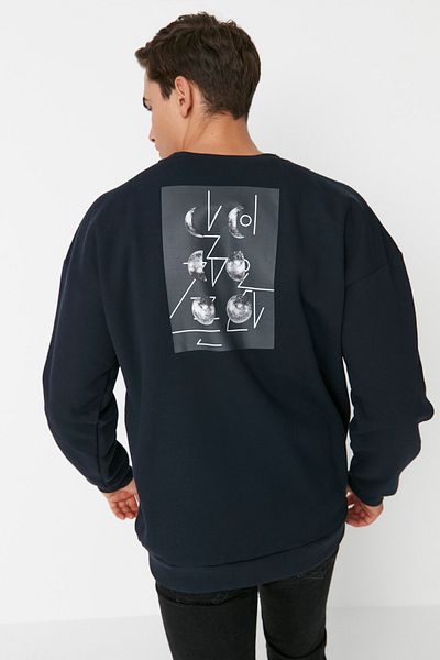 Trendyol Collection Navy Blue Oversize Printed Sweatshirt - Crew Neck, Long Sleeve TMNAW22SW1650