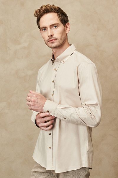ALTINYILDIZ CLASSICS Ανδρικό πουκάμισο με γιακά με στενό κόψιμο σε μπεζ λεπτή εφαρμογή με σχέδιο γαμπαρντίνα