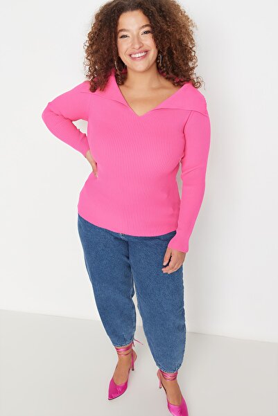 Trendyol Curve Fukszia csónaknyakú kötöttáru blúz