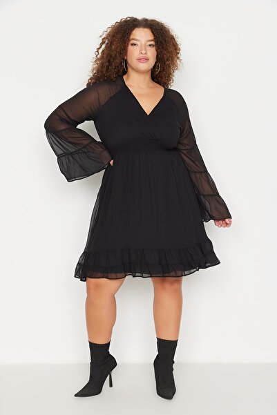 Trendyol Curve Μαύρο V-Neck Gipe Λεπτομερές υφασμένο φόρεμα σιφόν TBBAW23AH00087