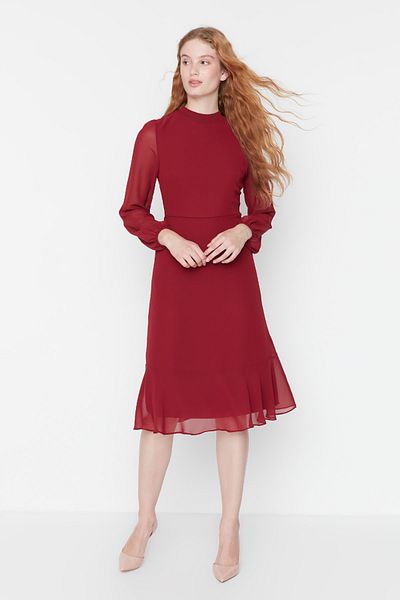 Trendyol Collection Rochie de iarnă midi burgundă cu guler ridicat - căptușită, țesută TWOAW20EL1313