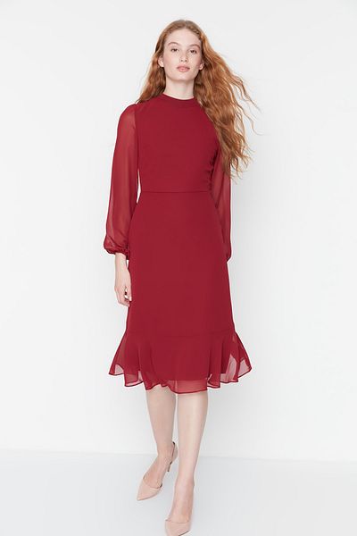 Trendyol Collection Rochie de iarnă midi burgundă cu guler ridicat - căptușită, țesută TWOAW20EL1313