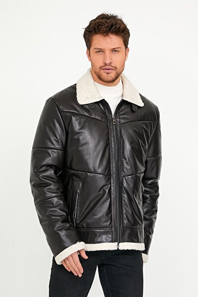 Leather Club Koyu Kahve Yün Aksesuarlı Deri Ceket