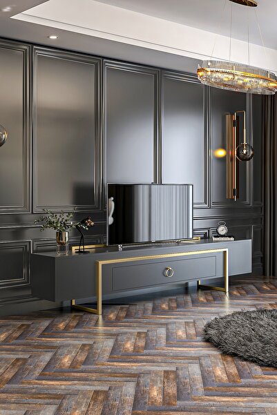 Givayo Mobilya Vega Tv Ünitesi Gold Demir Ayak Antrasit 180 Cm