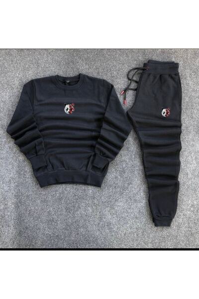 NewCabin Set pantaloni de trening negru din bumbac negru din bumbac imprimat Tokyo Panda unisex Parte de jos Partea de sus