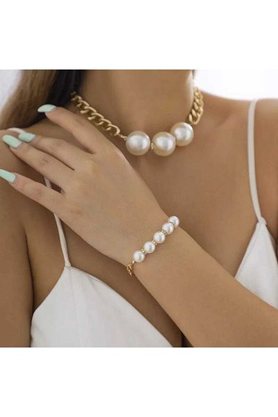 İPAR AKSESUAR Gold Chain Pearl Choker Necklace and Bracelet