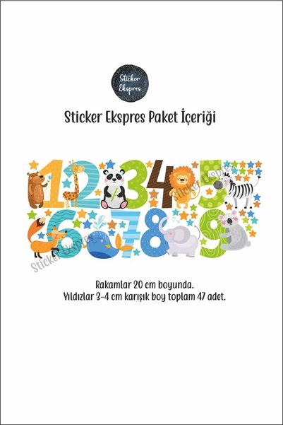 Sticker Ekspres Hayvanlı Rakamlar Ve Yıldızlar Eğitici Çocuk Odası Kreş Anaokulu Sticker Seti