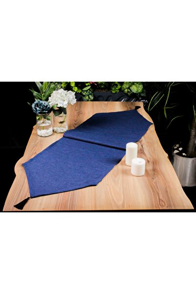 Biz Class Blue Linen Fabric Tasseled Runner & Gold Blue Pattern American Service Set of 4/ Runner-Tablecloth