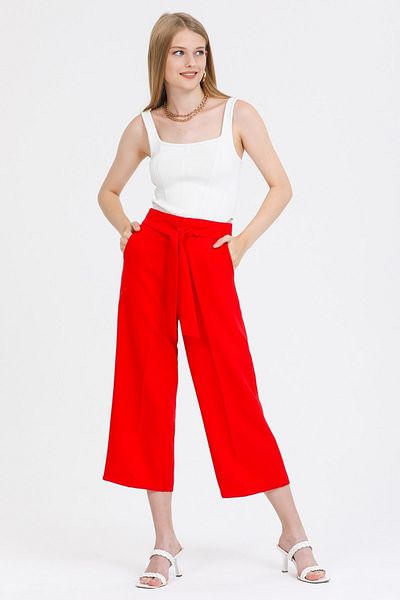MD trend Women's Red Waist Elastic Tied Short Fabric Trousers