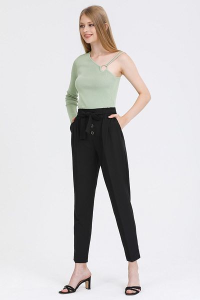 MD trend Women's Black Button Detailed High Waist Belted Fabric Trousers