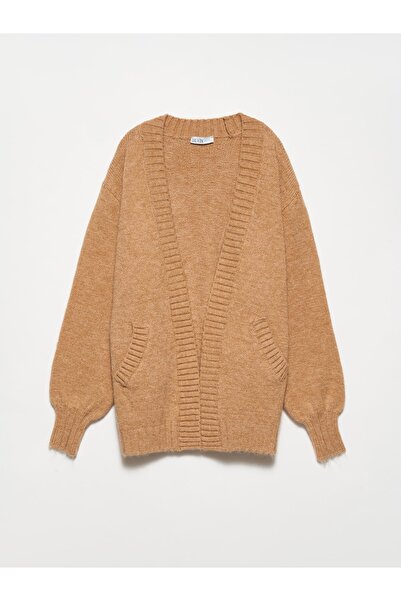 Dilvin 60155 V-Neck Με τσέπες Πλεκτό Ζακέτα-καμηλό