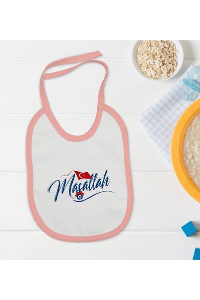 Bk Gift Kids Mashallah Designed Pink Baby Food Bib-3