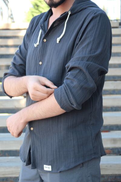 kanvas Erkek Gömlek Uzun Kollu Kapüşonlu Müslin Kumaş