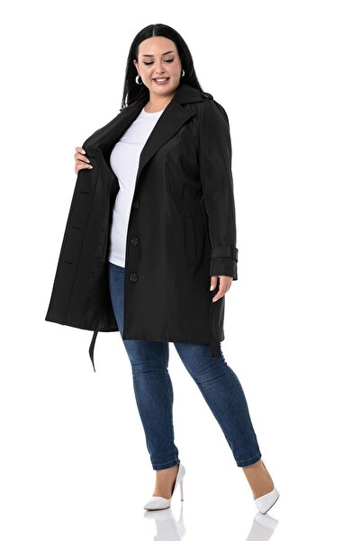 DISENTIS MODEST Large Size Fleto Pocket Hidden Button Epaulets Lined Black Trench Coat