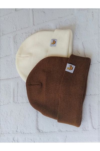 BEBEĞİME ÇORAP 2-Piece Unisex Children's Knitwear Beret with Squirrel Woven Label