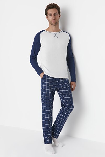 Trendyol Collection Námořnická modrá 100% bavlna kostkovaná pletená 100% bavlna pyžamový set THMAW21PT0879