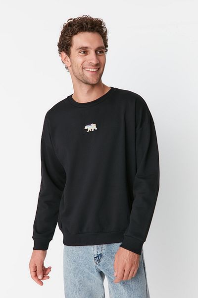 Trendyol Collection Черен поларен суитшърт с бродерия на животни - голям, топъл TMNAW23sw00191