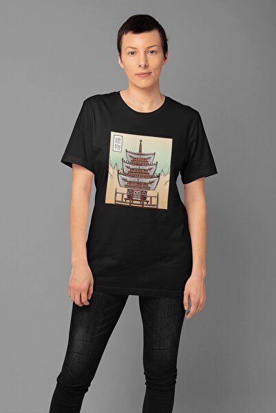 ErTaPassage Model negru Castelul Japonez supradimensionat Femei tricou - T474...