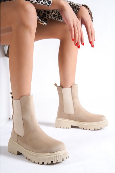 ALPELLİ Women's Beige Suede Elastic Side Strap Boots