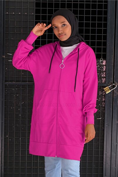 Genel Markalar Kadın Tesettür Boyfriend Fermuarlı Kanguru Cepli Sweat