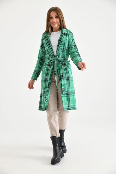 VOLT CLOTHİNG Γυναικείο καρό μακρύ παλτό με ζώνη