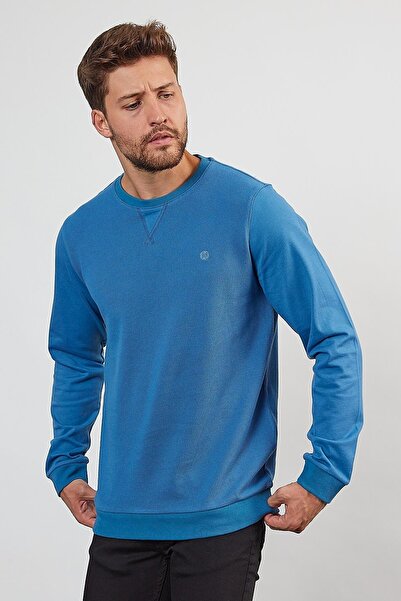 ENQUE Мъжки удобен зимен син суичър с кръгло деколте