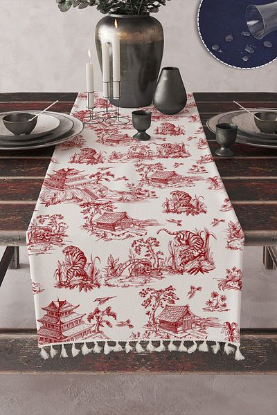 LUX VIE Vintage Patterned Digital Printed Tasseled Linen Look Woven Runner on White Background