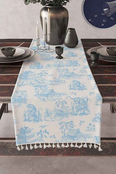 LUX VIE Runner Vintage μοτίβο σε λευκό φόντο Ψηφιακή εκτύπωση με φούντα λινό υφαντό Runner