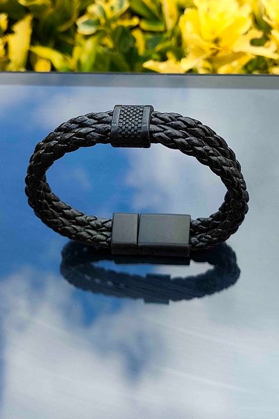 TREND COLLECTİON Magnet Closure Double Stripe Weave Black Men's Genuine Leather Bracelet
