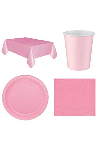 DÜVENCİ TİCARET Pembe Masa Örtüsü Bardak Tabak Peçete Seti 16 Kişilik
