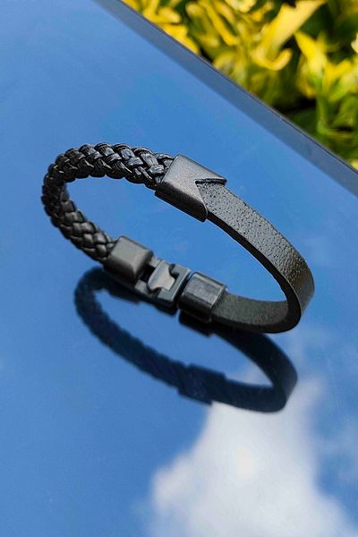 TREND COLLECTİON Magnet Closure Double Model Men's Black Genuine Leather Bracelet
