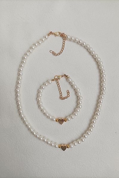 BİJUTERİ EVİ Pearl Heart Women's Necklace Bracelet Set