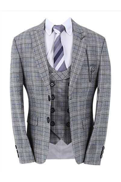 SIRRI Boy's 3 Piece Gray Checkered Suit