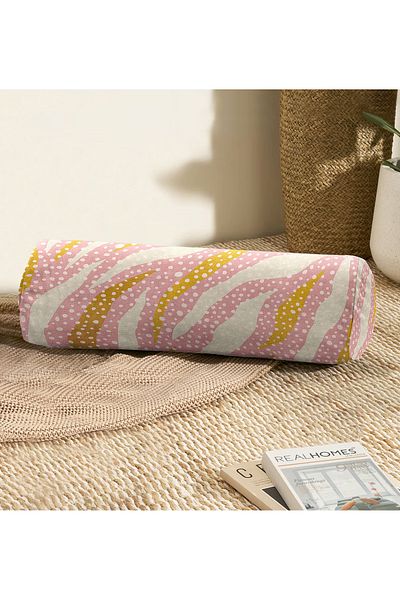 Realhomes Pink Floor Polka Dot Zebra Pattern Motif with Inner Padding - Zippered Suede Cylinder Round Pillow