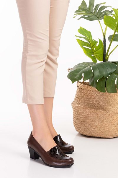 Gondol Genuine Leather Comfortable Classic Heeled Shoes Vdt.206 - Brown Honeycomb - 36