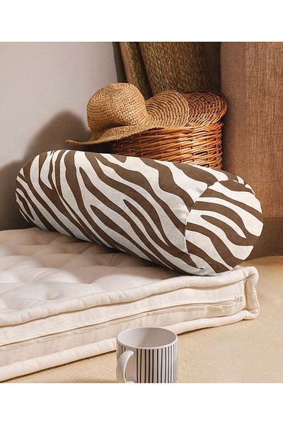 Realhomes Soft Colored Zebra Patterned Digital Printed Inner Filled - Zippered Suede Cylinder Circle Pillow Throw Pillow