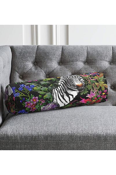Realhomes Amazon Zebra Design Inner Padding on Black Floor - Zippered Suede Cylinder Circle Pillow Throw Pillow