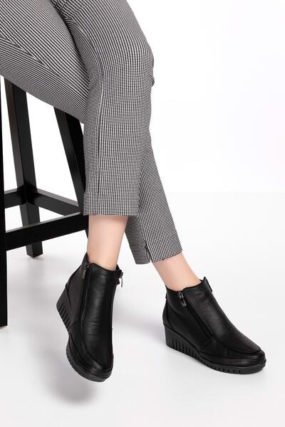 Gondol Kadın Hakiki Deri Çift Fermuarlı Kolay Giyim Bot Esfa.2450 - Siyah - 37