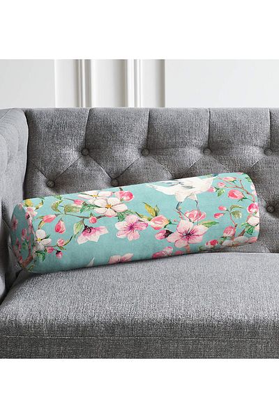 Realhomes Ebabil Birds Motif Modern Padded - Μαξιλάρι ριχτάρι κυλίνδρου σουέτ με φερμουάρ