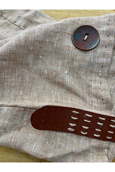 Bohemian Linen Beach Bag with Tan Color Leather Strap