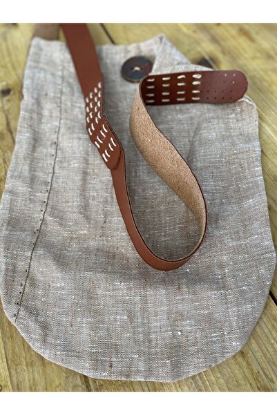 Bohemian Linen Beach Bag with Tan Color Leather Strap