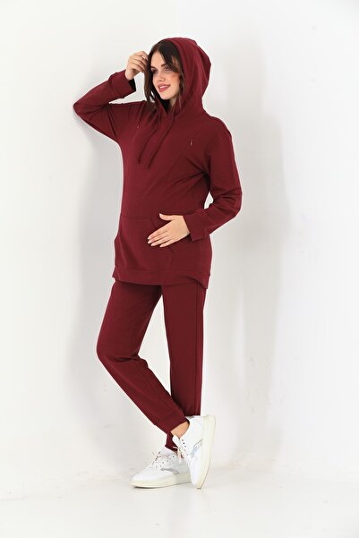 Miss Dünya Lissa Claret Red Maternity and Maternity Hooded Sweatshirt Tracksuit Set