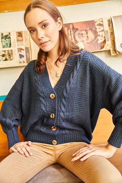 Olalook Cardigan tricot împletit cu păr gros indigo pentru femei HRK-19000082