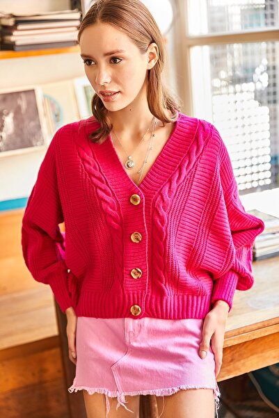 Olalook Women's Fuchsia Thick Hair Braided Knitwear Cardigan HRK-19000082
