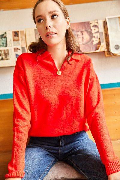 Olalook Roter Damen-Strickpullover mit Polokragen, gewaschen, weich, strukturiert, KZK-19000432