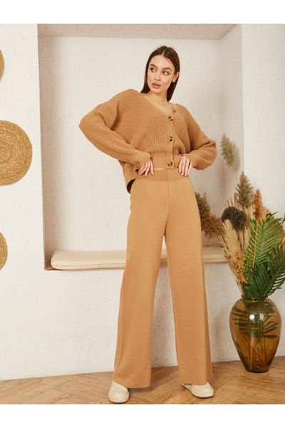 1Moda1Tarz Women's Mink V-Neck Front Button Closure Ribbed Knitwear Bottom-top Suit Top Cardigan Bottom Trousers Detail