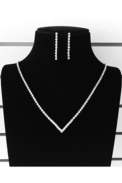 TakıConcept Taşlı Abiye Su Yolu Kolye Küpe V Tasarım Set