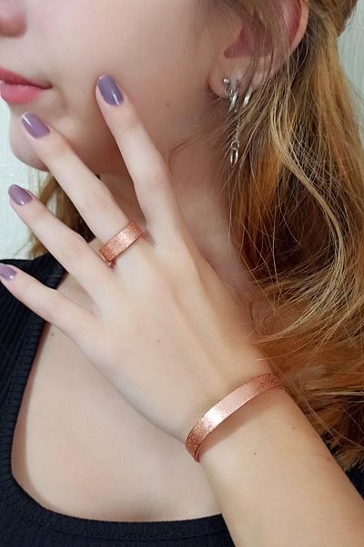 Fildişi Aksesuar Pattern Surface Women's Copper Ring and Bracelet Set Handmade Adjustable Copper Women's Set