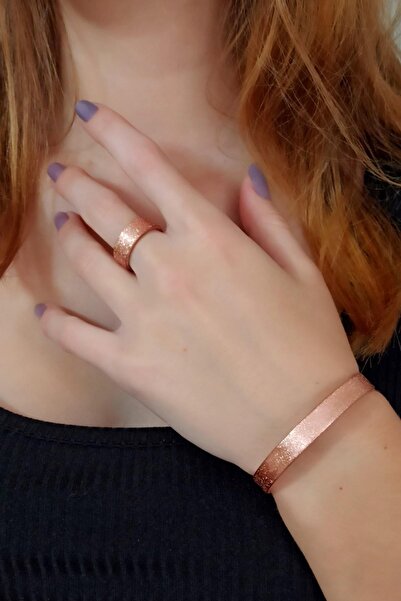 Fildişi Aksesuar Pattern Surface Women's Copper Ring and Bracelet Set Handmade Adjustable Copper Women's Set