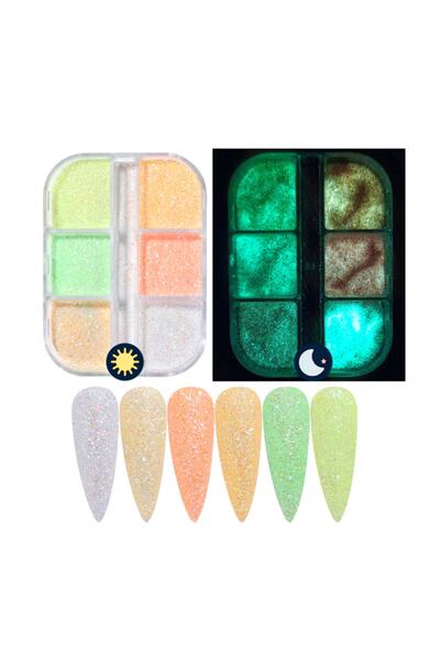 Beauty Box 6'lı Night Glow Karanlıkta Parlayan Glitter Nail Art Resin Art Kal...
